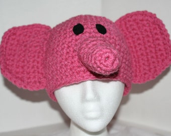 Handmade character hat made to look like a pink elephant - inspired by Elly on Pocoyo