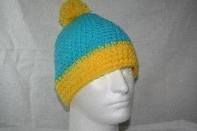 Unique winter hat inspired by the hat Cartman wears teal / canary yellow image 1