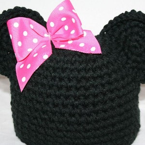 New handmade black winter hat with mouse ears and pink bow child size image 4