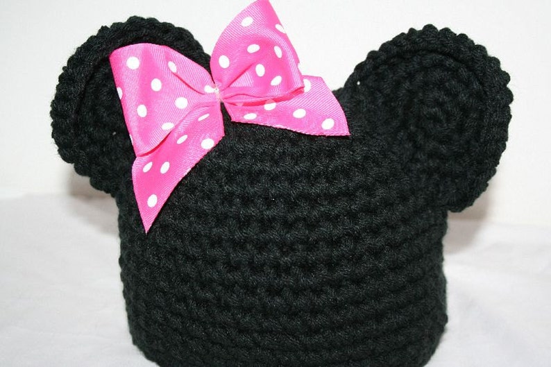 New handmade black winter hat with mouse ears and pink bow child size image 4