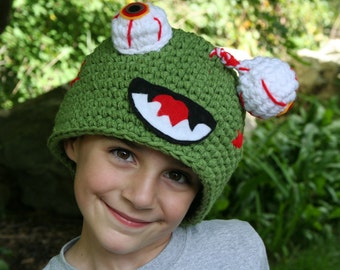 Green zombie hat  - handmade crocheted hat with dangling eye