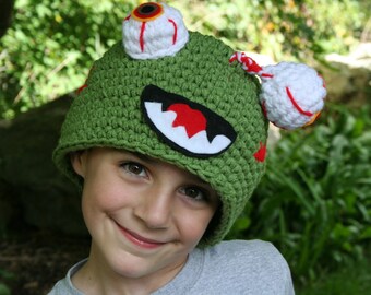 Green zombie hat  - handmade crocheted hat with dangling eye you pick the size