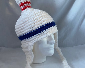 XL 5 pin Bowling pin hat with ear flaps and braids - gift for bowler or bowling fan crocheted fun and unique