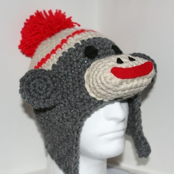Adult size sock monkey hat - unique handmade character hat made to look like a sock monkey in heather gray - currently made to order