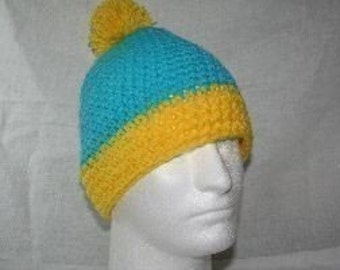 Fun winter hat inspired by the hat Cartman wears on South park  teal / canary yellow