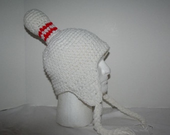 XL Bowling pin hat with ear flaps and braids - gift for bowler or bowling fan crocheted fun and unique