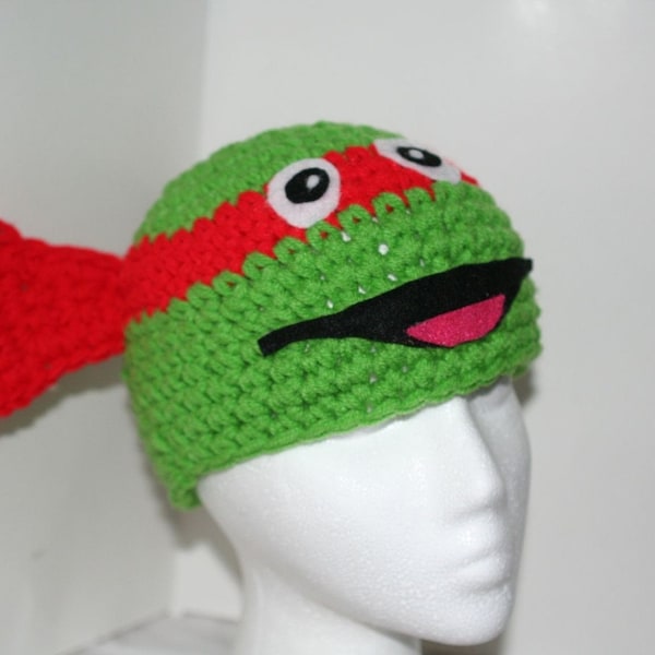 Child size Fun and unique red Ninja turtle hat - handmade crocheted character hat