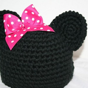 New handmade black winter hat with mouse ears and pink bow child size image 2