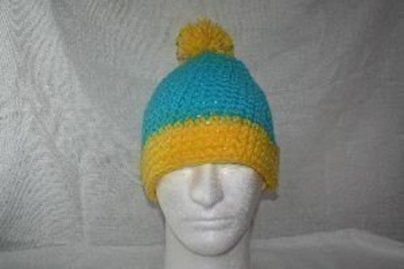 Unique winter hat inspired by the hat Cartman wears teal / canary yellow image 3