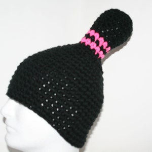 Handmade Crocheted Bowling Pin Hat: Black & Hot Pink