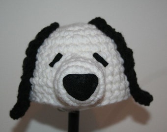 Newborn character hat made to look like a dog - White dog with black ears inspired by Snoopy