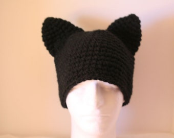 Hand Crocheted Black Cat Winter Hat with Ears