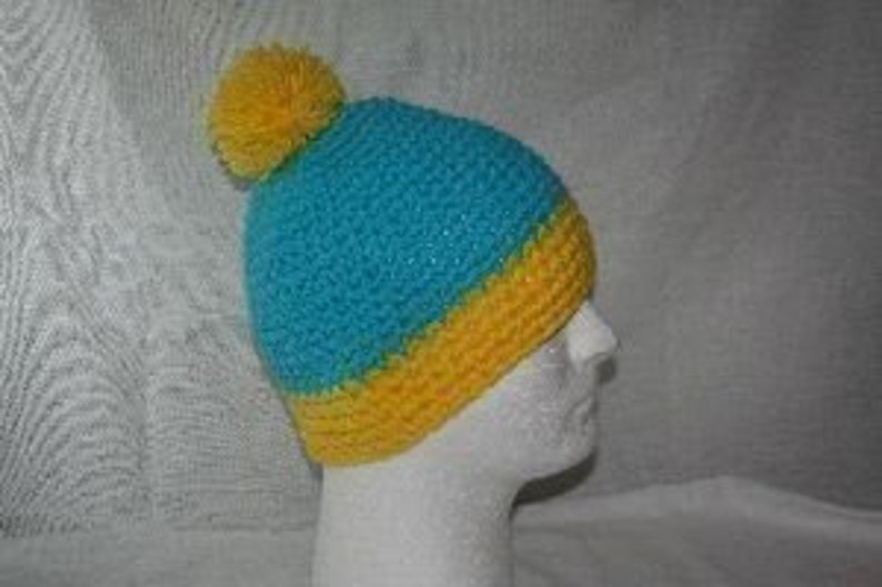 Unique winter hat inspired by the hat Cartman wears teal / canary yellow image 4