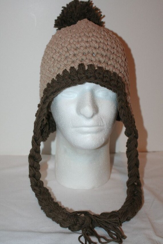 100 Percent Cotton Handmade Winter Hat Jute and Warm Brown With a Braid on the Ear Flaps Etsy
