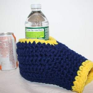 Crocheted Drink Mitt 6-Pack: Navy Blue & Yellow Beer Cozy
