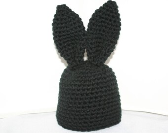 child size handmade crocheted black winter hat with rabbit ears