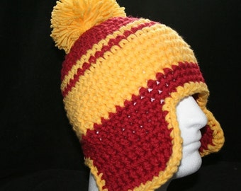 Handmade winter hat ranch red and yellow with ear flaps and a yellow pom pom - team fortress heavy hat