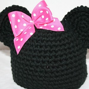 New handmade black winter hat with mouse ears and pink bow child size image 1