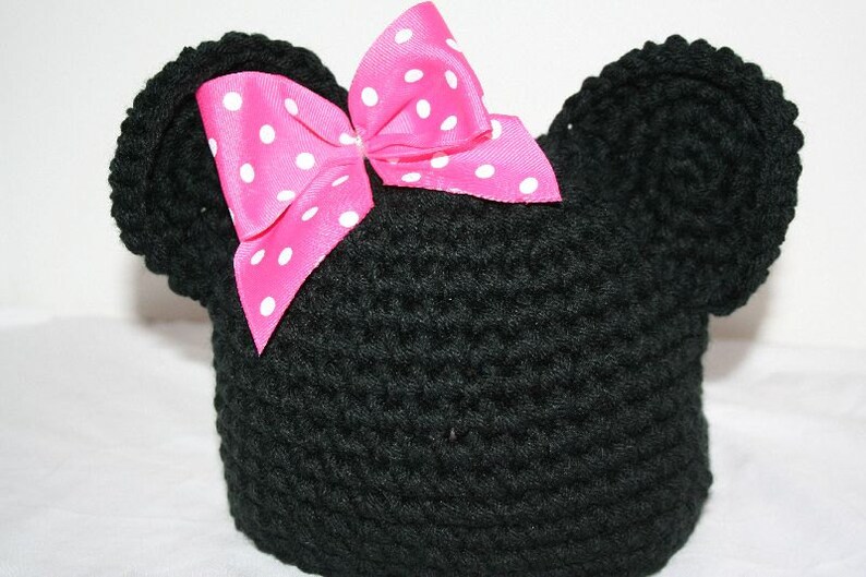 New handmade black winter hat with mouse ears and pink bow child size image 1