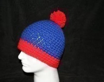 Handmade winter hat royal blue and red looks like the hat Stan Marsh wears on South park