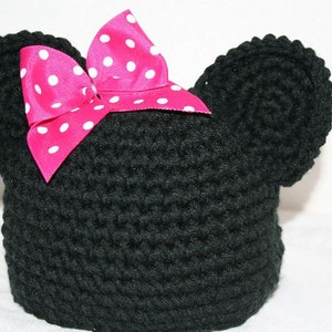 New handmade black winter hat with mouse ears and pink bow child size image 5