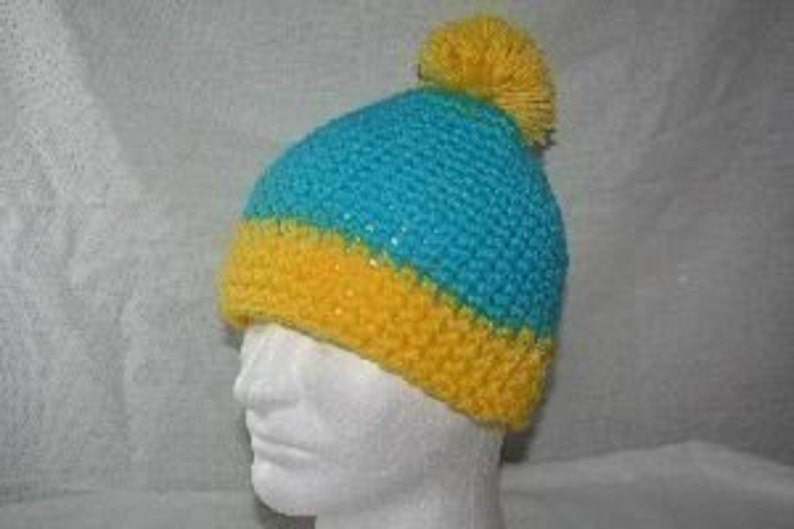Unique winter hat inspired by the hat Cartman wears teal / canary yellow image 2