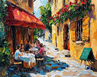 Frans caféstraat origineel olieverfschilderij Impasto kunstwerk Parijs mediterrane stad muurkunst