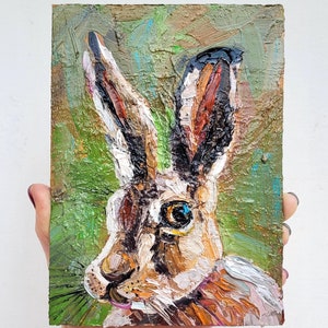 Peinture à l&#39;huile de lièvre : art animalier de la forêt, empâtement original 5 x 7