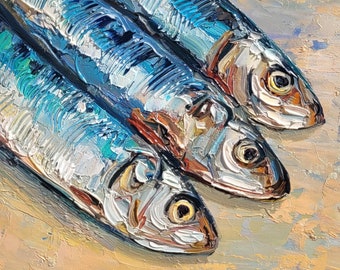 Sardine Oil Painting Fish Original Art Coastal Kitchen Wall Decor Seafood Artwork Beach House