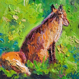 May include: Oil painting of a fox in a green and yellow landscape. The fox, in shades of brown and orange, sits amidst thick brushstrokes, creating a textured effect. The artwork captures a serene moment in nature, with a focus on the fox.