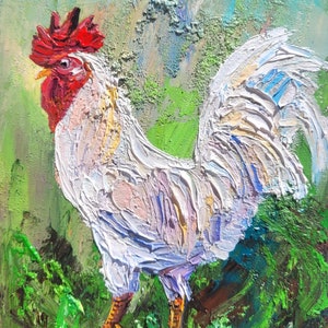 白い雄鶏の絵画 農場の動物 オリジナルアート インパスト油絵 鶏のアートワーク 鳥の壁アート カントリーキッチンアート by VibrantArtHouse