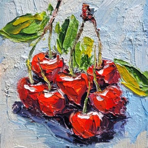 Cherry Painting Fruit Original Art Impasto Oil Painting 5x7 Cherries Still Life Food Artwork Kitchen Wall Art Sour Cherry Art Impressionist