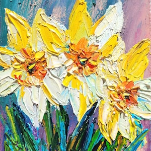 Daffodil Painting Flower Original Art Impasto Oil Painting Narcissus Painting Birth Month Flower Small Handmade by VibrantArtHouse