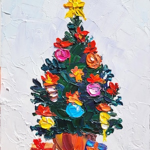 Christmas Tree Painting Christmas Tree Original Art Impasto Oil Painting 5x7 Holiday Wall Art Winter Art Christmas Gift by VibrantArtHouse