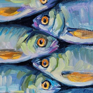 Sardine Oil Painting Original Art Seafood Kitchen Wall Art Impasto Fish Still Life Artwork