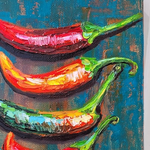 Chilipepparoljemålning: Köksväggkonst, originalkonstverk med grönsaker på canvas, röd het paprika