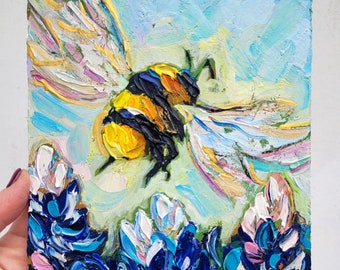 Bumble Bee Oil Painting Original Art Bluebonnets Texas Flower 6x6 Impasto Insect Artwork