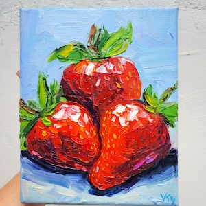 Strawberry Painting Fruit Original Art Impasto Oil Painting Canvas 6x8 Fruit Still Life Food Artwork Kitchen Wall Art Small Berry Painting