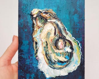 Oyster Shell Oil Painting Impasto Original Art Seafood Kitchen Still Life Coastal Food Decor
