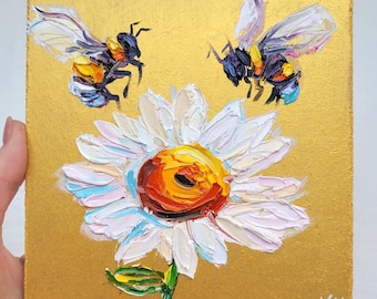 Honey Bee and Daisy Oil Painting Original Art Bumblebee Artwork Impasto Wildflower Nursery Decor