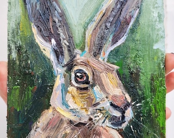 Hare Oil Painting Original Bunny Artwork Rustic Wildlife Portrait Gift Rabbit Impasto Wall Art
