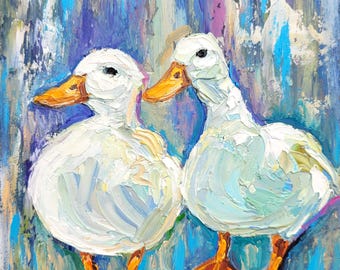 Couple Duck Oil Painting Original Art Bird Artwork Friendship Art Farmhouse Kitchen Decor