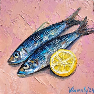 Sardine and Lemon Oil Painting Fish Original Artwork Impasto Seafood Kitchen Wall Art