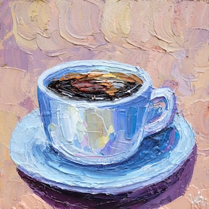 Tasse à café peinture art mural cuisine empâtement original peinture à l&#39;huile 6 x 6 bar café oeuvre peinture alimentaire café décoration murale par VibrantArtHouse