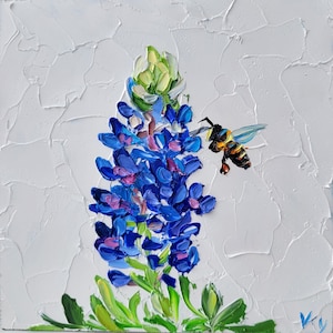 Original Honigbiene Impasto Ölgemälde: Texas Bluebonnets Landschaftskunst
