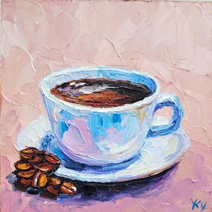 Tasse à café, cuisine, art mural, oeuvre originale, empâtement, peinture à l&#39;huile 6 x 6, café, art, nourriture, peinture, grains, café, petite, décoration murale