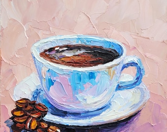 Coffee Cup Painting Kitchen Wall Art Original Artwork Impasto Oil Painting 6x6 Coffee Bar Art Food Painting Coffee Beans Small Wall Decor