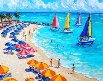Dipinto ad olio di una spiaggia del Brasile, Porto de Galinhas, originale, impasto colorato, opera d'arte costiera