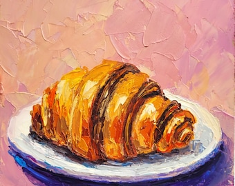 Croissant Painting Kitchen Wall Art Original Impasto Oil Painting Breakfast Wall Art Dessert Food Art French Croissant VibrantArtHouse