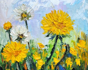 Dandelion Oil Painting Impasto Original Floral Art Small Wildflower Meadow Art Modern Country